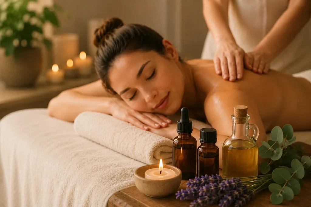 Sesión de masaje con aromaterapia: aceites esenciales, lavanda y una vela encendida junto a la camilla