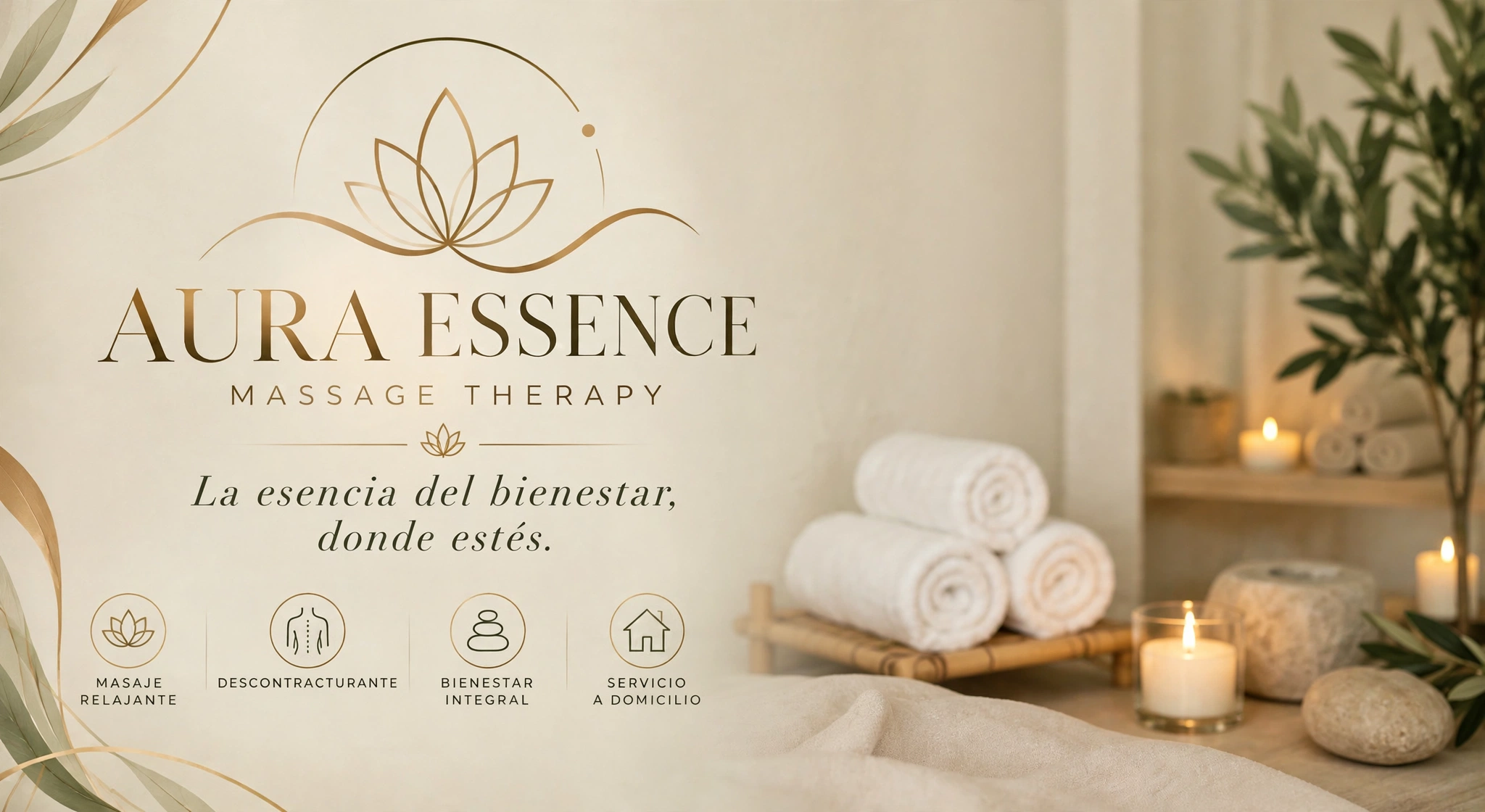 Banner de Aura Essence Massage Therapy: logo dorado con flor de loto, el lema «La esencia del bienestar, donde estés» y los servicios de masaje relajante, descontracturante, bienestar integral y servicio a domicilio, sobre un ambiente de spa con toallas enrolladas y velas encendidas